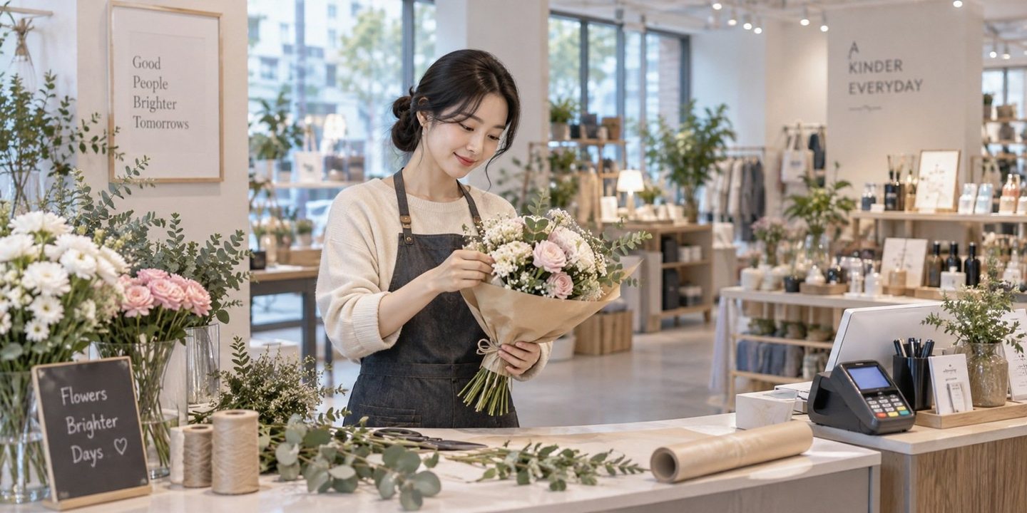 꽃이 놓인 매장 계산대에서 결제를 준비하는 운영자 — PG 수수료 기준 상담상담, 결제 방법 한 줄로 시작합니다. 연락 주시면 방식마다 줄을 나눠 답해 드립니다.