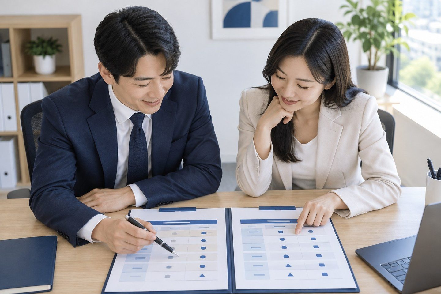 테이블 위의 서류를 함께 검토하는 두 사람 — PG 수수료 기준 계산대 단말기계산대 단말기, 맨 윗줄부터 읽습니다. 매장 사정을 들려주시면 기계 줄 견적을 뽑아 드립니다.
